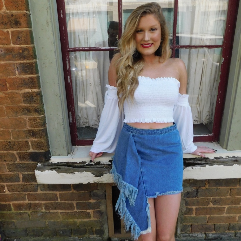 Raw Edge Ruffle Denim Mini Skirt